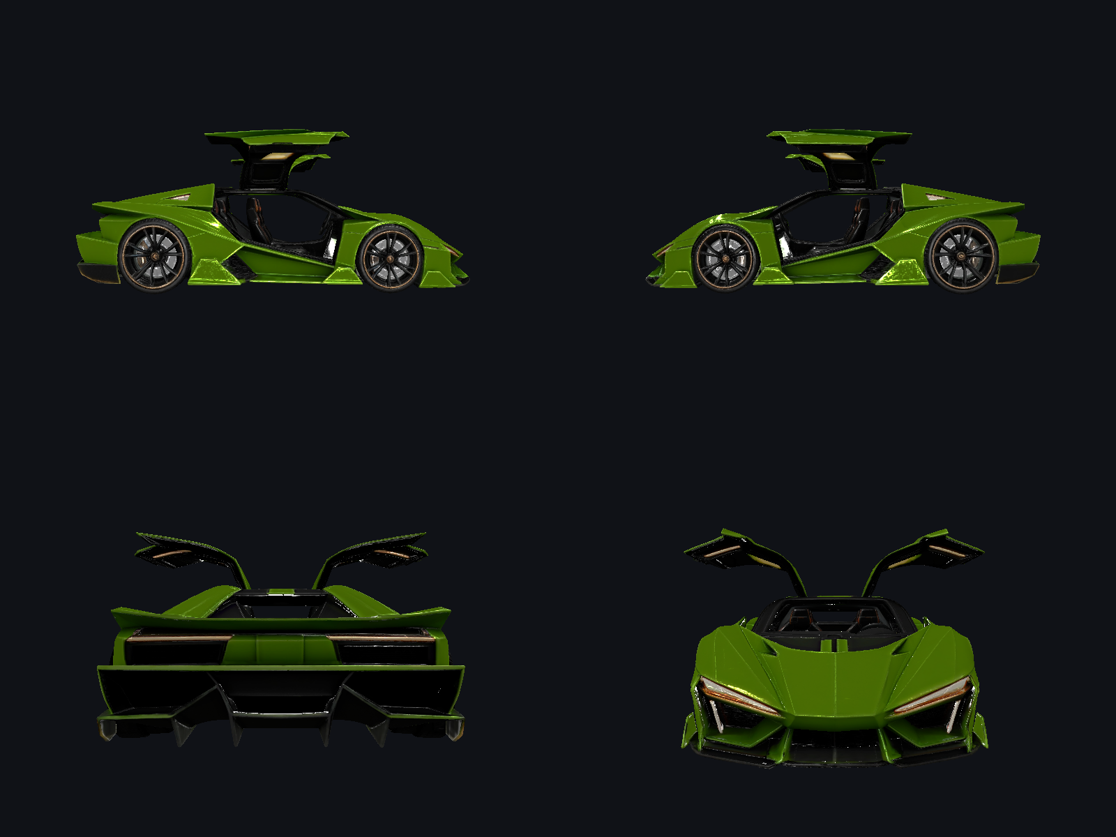 Four-view contact sheet of a green futuristic vehicle rendered from an FBX file