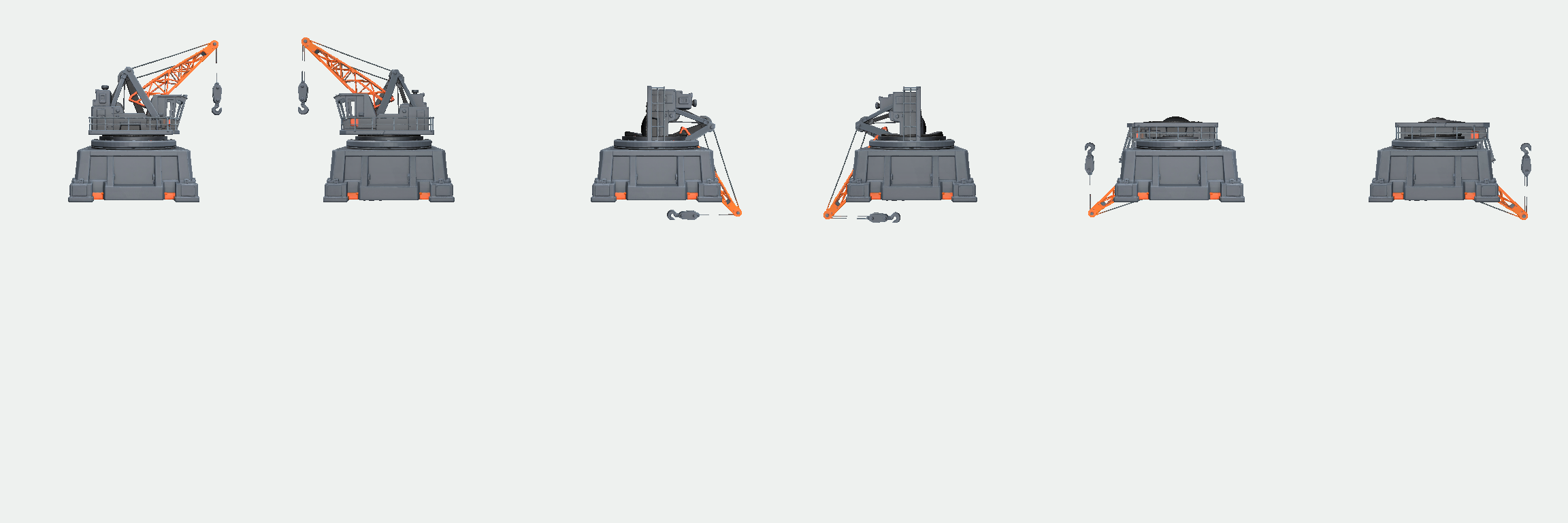 Three explicitly listed HarborCrane poses, each rendered from four camera directions; only the turntable subtree changes orientation