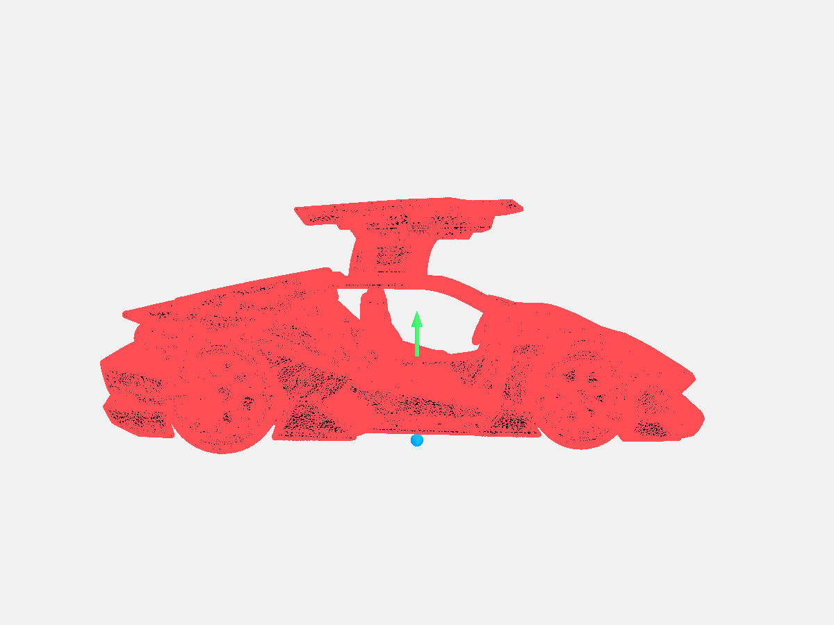 Mesh diagnostic view of a red futuristic vehicle with its actual model pivot displayed